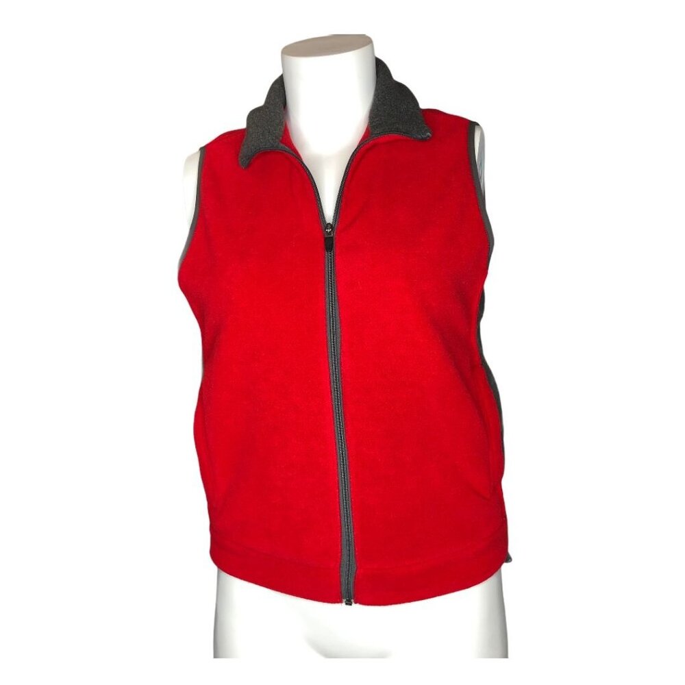 Eddie Bauer Vest Womens Small Red Gray Micro-Fleece Zip Pockets Drawstring Waist